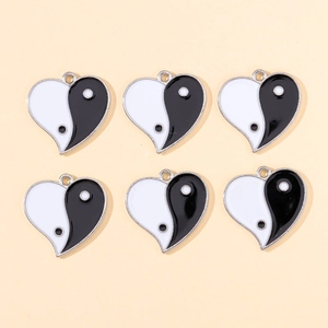 Set of 6 heart-shaped Yin Yang enamel pendants with polished metal frames for DIY jewelry
