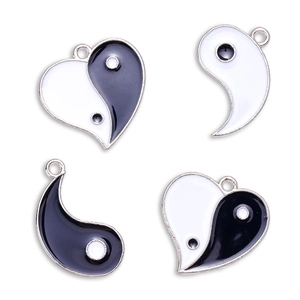 Yin Yang Tai Chi heart and fish charms set in silver alloy for DIY jewelry