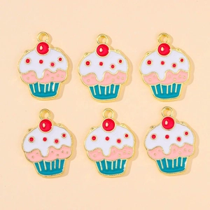 Set of six colorful enamel cupcake pendants with golden alloy bases for DIY jewelry making