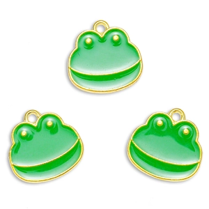 Three green enamel cartoon frog charms with gold metal edges for DIY jewelry making