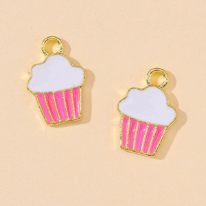 Cute gold alloy cupcake charms with pink stripes for DIY jewelry and accessories