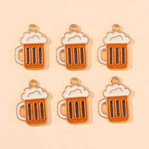 Set of 6 orange enamel beer mug charms with gold frames for DIY jewelry crafts