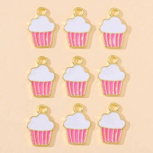 Cupcake Charms Pendants Alloy Enamel Pink Striped White Cream Gold Plated For DIY Necklace Earring Making Jewelry Accessories