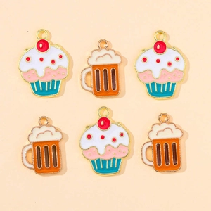 Detail view of 6 enamel alloy charms featuring cupcakes and beer mugs for accessories