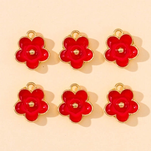 Lot de 6 breloques fleurs rouges à cinq pétales avec bordure dorée pour bijoux