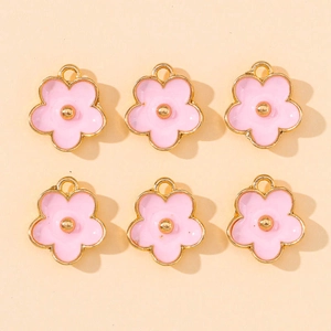 Lot de six pendentifs fleurs de cerisier roses avec bord doré pour création de bijoux