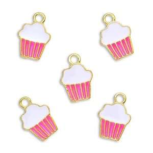 5pcs gold-plated enamel cupcake pendants for DIY jewelry making with pink stripes