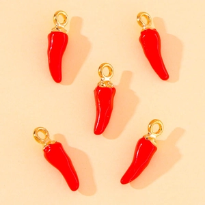 Five pieces of creative red chili charms with gold loops for DIY jewelry making