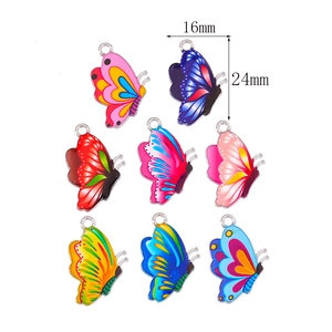 Vue macro détaillée de pendentifs papillon colorés avec bord argenté et taille 24 mm