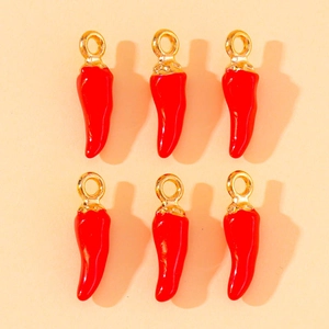 Set of 6 red enamel chili pepper charms with gold rings for DIY jewelry making
