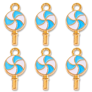 Set of six blue and white spiral lollipop charms with golden metal frames and rings