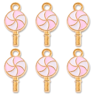 Set of six sweet pink and white spiral lollipop pendants with gold metal hooks for DIY