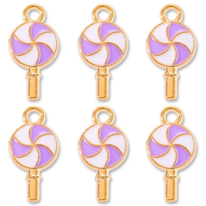 Set of 6 purple and white lollipop enamel charms with gold metal base for DIY jewelry making