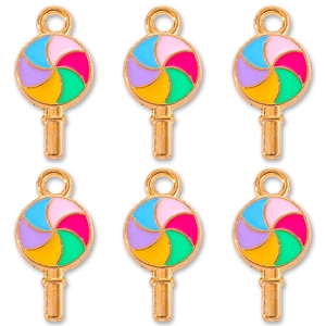 Set of 6 colorful swirl lollipop alloy charms with gold plating for DIY jewelry making
