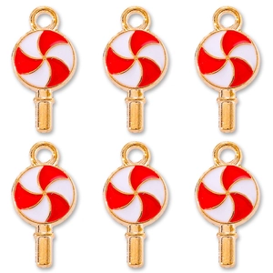 Set of six red and white lollipop charms with golden metal base for DIY jewelry making