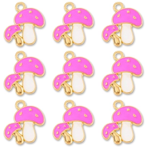Set de nueve dijes de champiñón en esmalte rojo rosa para creación de joyería artesanal