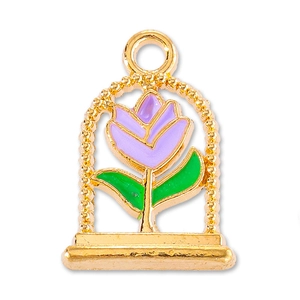 Detail of purple tulip alloy charm with gold base for DIY jewelry making and earrings