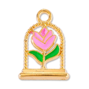 Detailed view of handmade tulip pendant with pink oil-dripping and gold plating