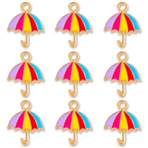 Macro detail of nine colorful umbrella charms with gold plating for DIY jewelry making