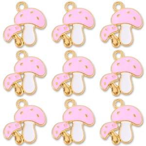 Set de nueve colgantes de setas en esmalte rosa con borde dorado para joyería DIY y llaveros