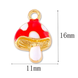 Red and gold enamel mushroom charm for DIY jewelry, 16mm height with metal loop