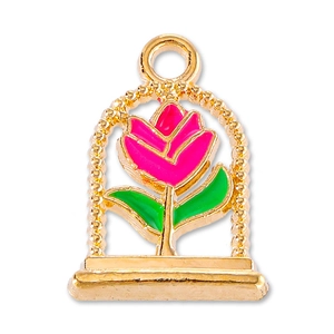 Detail of a vintage-style gold-tone arch pendant with pink rose and green enamel leaves