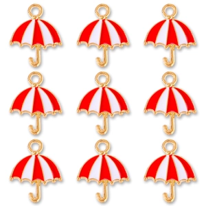 Detail showing nine red and white striped umbrella charms for DIY jewelry making