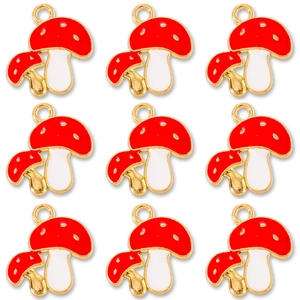 Set de nueve colgantes de setas en esmalte rojo y blanco con aleación dorada para joyería DIY