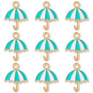 Macro detail of mint green and white striped enamel umbrella pendants with gold plating