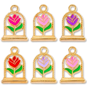 Vintage Alloy Enamel Rose Tulip Flower Pendants Bell Jar Dome Frame DIY Necklace Bracelet Earrings Jewelry Accessory For Women
