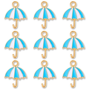 Set of nine blue and white enamel umbrella alloy pendants with gold finish and top hanging loops
