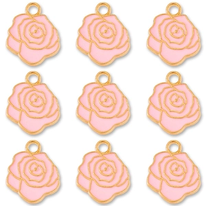 Nine pink enamel rose flower charms with gold edges for DIY jewelry making and necklaces