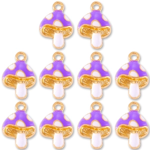 Set of 10 purple mushroom charms with gold alloy loops for DIY jewelry making