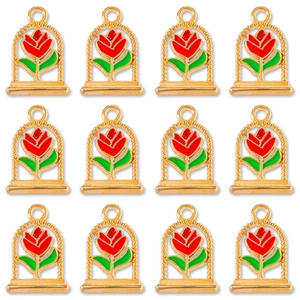 Twelve vintage-style alloy rose charms with red enamel and green leaves for DIY jewelry