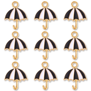 Set of 9 mini colorful umbrella charms with black and white enamel and golden alloy finish