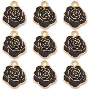 Elegant black enamel rose pendants with gold alloy base for DIY jewelry making