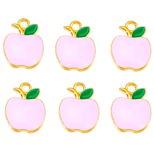 Set of six pink enamel apple charms with gold plating for DIY jewelry making