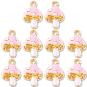 Set of 10 pink mushroom enamel pendants with gold metal frames for DIY jewelry crafts