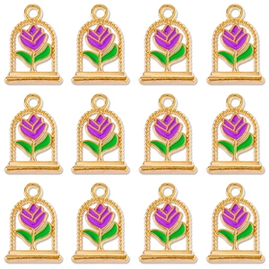 Set of 12 vintage alloy purple tulip flower pendants with gold plating for DIY jewelry