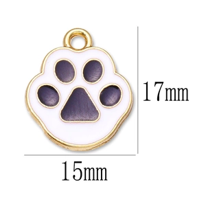 Cute white and purple enamel cat paw charm in gold-plated alloy, size 17mm by 15mm