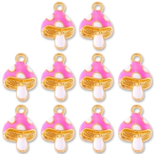Set of 10 pink enamel mushroom charms with gold alloy finish for DIY jewelry making
