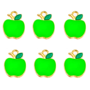 Set of 6 bright green apple enamel pendants with gold edges for DIY jewelry making