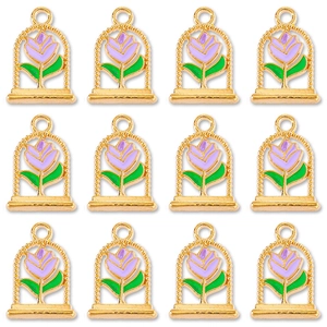 Twelve gold alloy tulip charms with lilac enamel inlay for DIY jewelry making and crafts