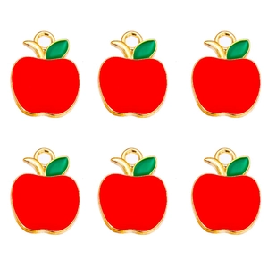 Set of six red enamel apple charms with gold accents for DIY jewelry making and bracelets