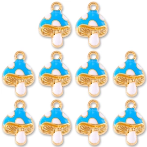 Set of 10 blue cartoon mushroom pendants with gold alloy edges for DIY jewelry making