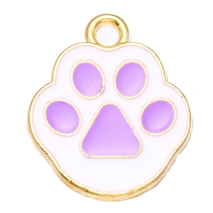 Detail showing a white and purple enamel cat paw pendant with gold metal outline