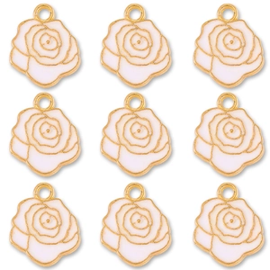 Detailed view of nine white enamel rose pendants with gold plating for jewelry making