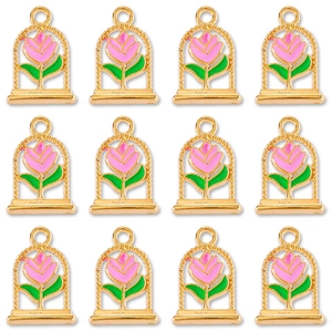 Macro view of 12 pieces vintage alloy rose pendants in glass bell jar style for DIY jewelry