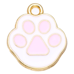 Close-up of pink and white enamel cat paw charms with gold-plated metal frames