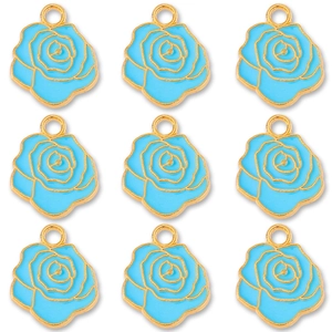 Set of nine light blue enamel rose pendants with gold alloy edges for DIY jewelry making